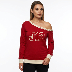 Custom Women's Red Asymmetric <b>Off</b>-<b>Shoulder</b> Fleece Knitted <b>Long</b> <b>Sleeve</b> Streetwear Winter Casual Streetwear <b>Top</b> Style Sweatshirt - Product Image 5
