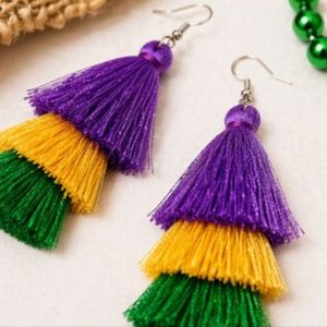 Rizir Fashion Christian Mardi Gras <b>Tassel</b> Dangle <b>Earrings</b> Purple Green Gold Layered Fringe Women Festival Party Jewelry - Product Image 4