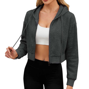 Stylish Crop <b>Top</b> <b>Zipper</b> Hoodie Soft Cotton Blend Lightweight Comfortable For Casual Wear And Street Style - Product Image 1