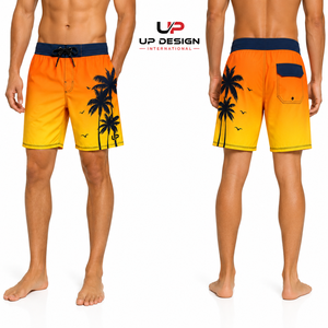 Shorts de Playa para Hombre de Secado Rápido, 100% Algodón, con Estampado de Palmeras en Degradado Naranja y Amarillo, Personalizables con Logotipo OEM - Product Image 3