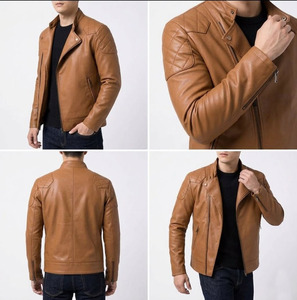 Men's Brown PU Leather Moto <b>Biker</b> <b>Jacket</b> Stand Collar Zipper Closure Slim Fit Regular Sleeve Solid Color Autumn Wear - Product Image 4