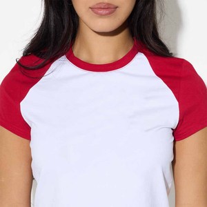 Women's White <b>Red</b> Raglan Sleeve <b>Crop</b> <b>Top</b> T-Shirt Crew Neck Short Sleeve Casual Spring Summer 100% Cotton Jersey Slim Fit - Product Image 5