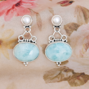 Boucles d'oreilles pendantes en larimar naturel et perles, argent sterling 925 plaqué or jaune et or rose, bijoux artisanaux en pierres précieuses pour femme - Product Image 6