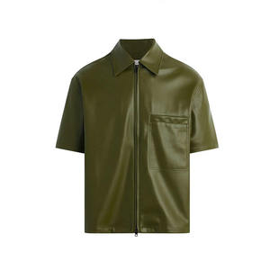 Men's Olive Green Short Sleeve Leather <b>Shirt</b> With Zipper Closure Turn-down Collar Casual Workwear Style - Product Image 5