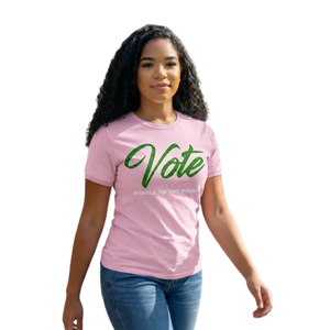 T-shirt imprimé pour femme en coton premium, rose clair et vert, motif « Votez, marchez jusqu'aux urnes », style décontracté et graphique - Product Image 3