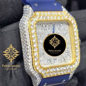 Montre à cadran carré en diamant, montre-bracelet mécanique dorée, bracelet bleu, cadran en strass, style bijou - Product Image 4