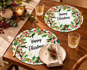 Round <b>Christmas</b> <b>Placemats</b> With Holly Berries And Birds Printed Design For Home Table Decor Washable - Product Image 4