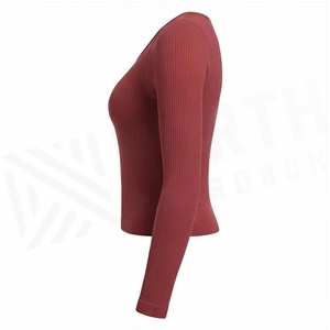Camiseta de Manga Larga con Cuello Redondo y Textura Acanalada, Color Sólido, Elástica, para Yoga, Mezcla de Algodón y Spandex para Mujer - Product Image 3