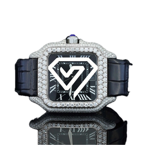 Montre automatique de luxe pour homme avec cadran noir de 41 mm, diamants en moissanite, bracelet en cuir véritable, chiffres romains - Product Image 1