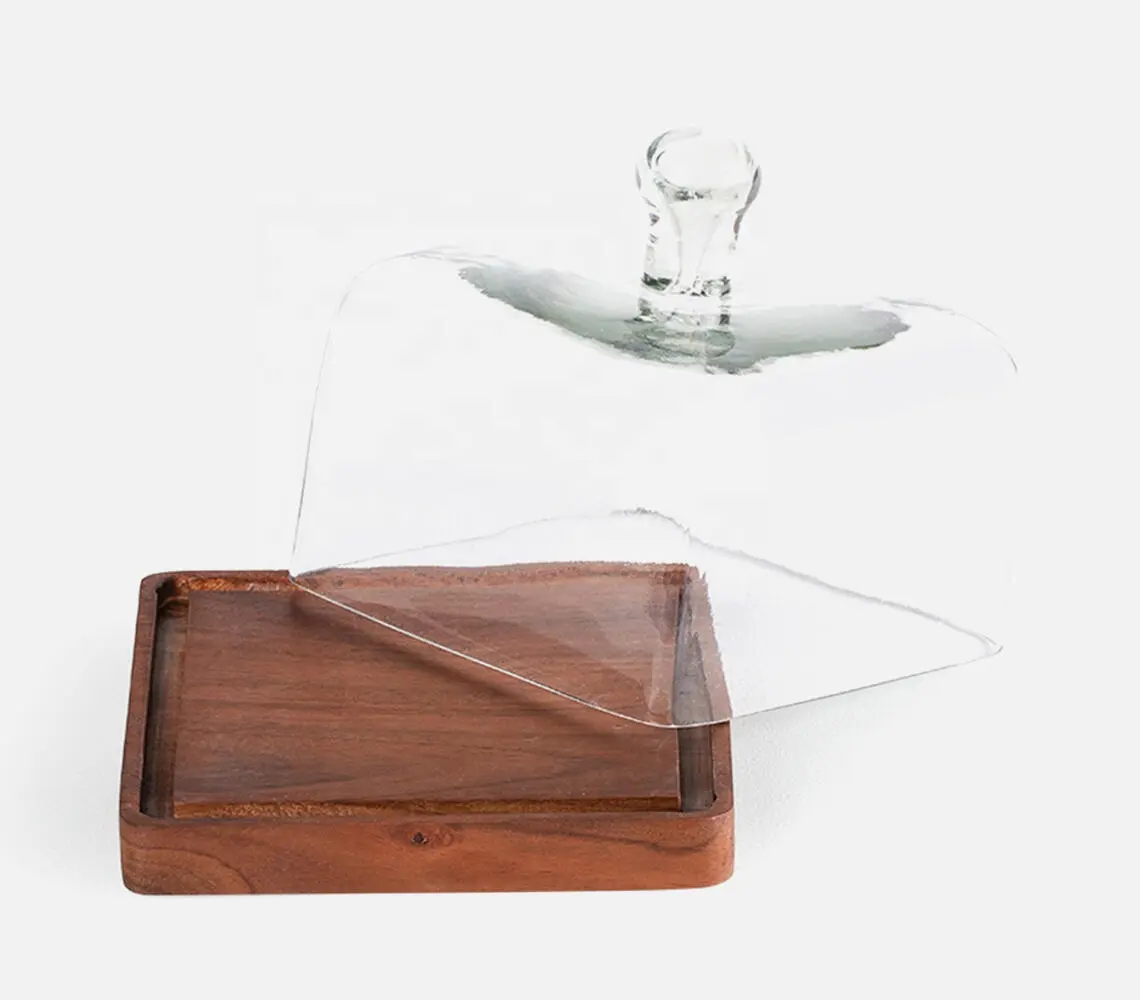 Domo de vidro quadrado com base de madeira artesanal, fabricante atacador de cobertura