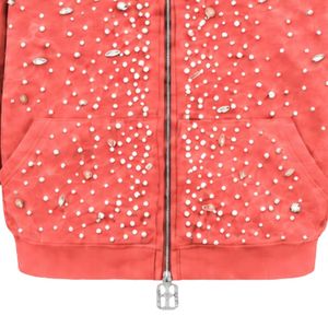 Sweat à capuche zippé rose corail perlé, orné de cristaux étincelants, style streetwear, à manches longues, avec poche avant - Product Image 5
