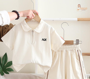 Ensemble tendance pour garçons, couleur unie, jersey, style décontracté, col polo, fermeture éclair, manches courtes, ensemble deux pièces - Product Image 1