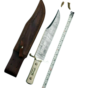 Couteau Bowie en acier Damas fait main avec manche en os de chameau blanc, lame à motifs argentés, étui en cuir marron pour la chasse en plein air - Product Image 1