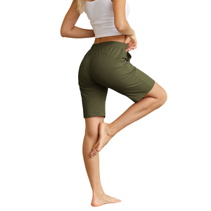 Women's Olive Green Polyester Knitted Shorts Mid Waist <b>Drawstring</b> Pockets Casual Breathable Regular Fit Shorts for Women - Product Image 6