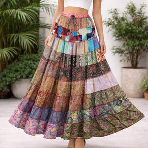 Wholesale BohemianTiered <b>Patchwork</b> women's casual <b>skirts</b> Ankle-Length Colorful silk <b>skirt</b> Smooth comfortable pleated <b>skirt</b> - Product Image 6
