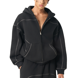 Contrast-Stitched Boxy Fleece <b>Zip</b> Hoodie 100% Cotton Eco-Friendly 360g Heavyweight - Product Image 1