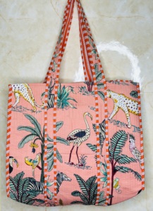 Jungle Print Tote <b>Bag</b> | Quilted Cotton Shoulder Tote <b>Bag</b> | Handmade Peach Safari Animal Print <b>Bag</b> | Large Space Tote Travel <b>Bag</b> - Product Image 4