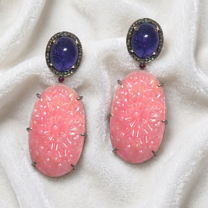 Flower Designs Natural Carving Tanzanite Rose Quartz <b>Diamond</b> Cute Sterling Silver <b>Dangle</b> <b>Earrings</b> for Women-Gift & Party Jewelry - Product Image 4