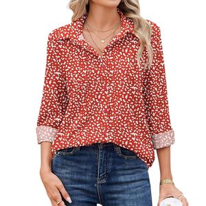 Camisa de Vestir para Mujer, Diseño Floral Carmesí Personalizado, Cuello Estrecho, Puños Ajustables, Tejido Dobby, Blusa Elegante para Conferencias - Product Image 2