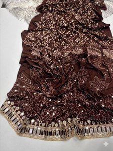 Sari en satin imprimé Reglance Royal Reflection Magic avec broderie miroir et bordure en dentelle lourde, design traditionnel gujarati pour tous - Product Image 2
