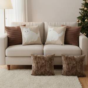 Ensemble de 5 housses de coussin décoratives SOGA en fausse fourrure marron, aspect cuir rouille et motifs de chats - Product Image 6