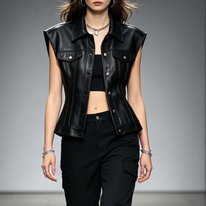OEM Wholesale Ladies Genuine <b>Leather</b> Vest Shirt Collar Corset Fit Biker Vest <b>Sleeveless</b> <b>Leather</b> <b>Jacket</b> For Women's - Product Image 3