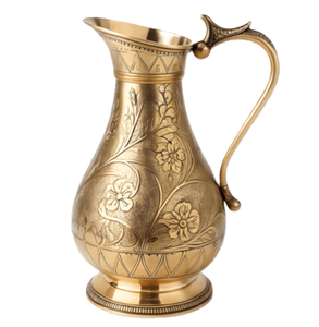 Fine brushed copper jug displaying delicate printed floral details and a brass-knobbed lid. Art available at wholesale price. - Product Image 5