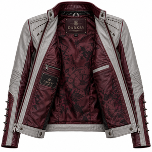 Grey Burgundy Genuine Leather Jacket Women <b>Clock</b> Gothic Graphic Spiked Stud Band Collar Zip Biker Coat Custom Manufacturer - Product Image 5