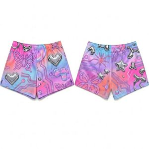 Shorts de sublimation pour femme, motif cœur psychédélique rétro vibrant, protection UV, haute élasticité, pour festivals et soirées rave - Product Image 1