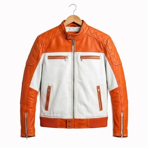Mens White Orange Leather <b>Jacket</b>, Cafe <b>Racer</b> <b>Jacket</b> Motorcycle Leather <b>Jacket</b> Quilted Biker <b>Jacket</b> Handmade Leather Coat Retro - Product Image 1