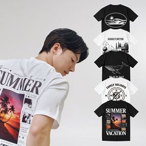 Camiseta de Verano para Hombre, Manga Corta, Cuello Redondo, Corte Regular, 100% Algodón, Estampado Informal, Transpirable, Blanca y Negra - Product Image 1
