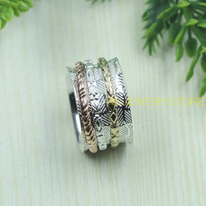 Handmade Spinner <b>Ring</b> 295 Silver Brass Copper Wide Band Meditation <b>Ring</b> Textured Pattern <b>Statement</b> Jewelry Gift for Women Unisex - Product Image 4