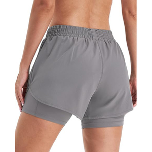 Shorts de course 2 en 1 gris moyen taille haute pour femme, fluides, en polyester, séchage rapide, pour fitness et entraînement, avec poche zippée - Product Image 3