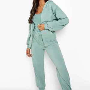 Ensemble de survêtement vert menthe à capuche pour femme, manches longues, fermeture éclair, coupe décontractée, couleur unie, sweat-shirt et pantalon de jogging avec poches latérales - Product Image 1