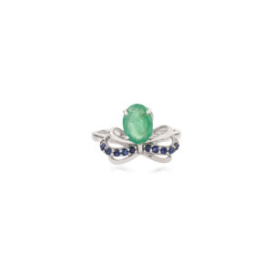 Elegant 925 Sterling <b>Silver</b> Oval Cut <b>Emerald</b> & Blue Sapphire Bow Motif Unique Design Handmade <b>Ring</b> for Women - Product Image 1