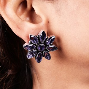 Wholesale ARTS JEWELS Purple Amethyst Bezel Setting Flower Stud Earrings | Handmade Brass Antique Silver Plated Bohemian Women's - Product Image 4