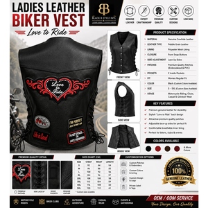 Women's <b>Black</b> PU Leather Biker <b>Vest</b> With Patch Designs And Lace-Up Sides Moto Style Sleeveless Waistcoat - Product Image 6