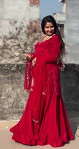 <b>Red</b> Traditional Silk Embroidered <b>Lehenga</b> Choli Salwar Kameez Set with Net Dupatta for Wedding Graduation Diwali Women - Product Image 4