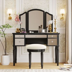 43\" Black Makeup Vanity Set for Bedroom <b>Dressing</b> Table with Mirrored Drawers and Stool Tri-Fold Mirror - Product Image 2