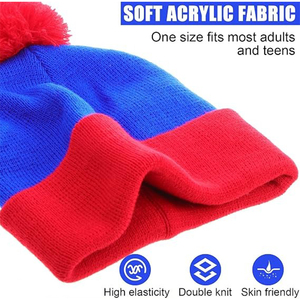Unisex Blue <b>Red</b> Color Blocking Beanie With Pom Pom Winter <b>Hat</b> Casual Wear Adult Size 56-58CM Acrylic Knitted <b>Hat</b> - Product Image 3