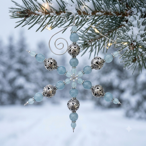 Ornement de Noël flocon de neige bleu perlé fait main, décoration suspendue pour sapin, décoration vintage pour la maison - Product Image 4