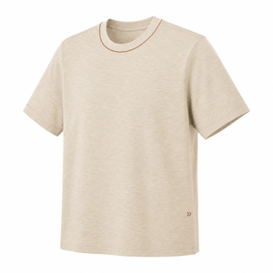 T-shirt personnalisé en coton crème à col ras du cou avec passepoil contrastant, détails minimalistes, manches courtes, vêtements décontractés pour hommes, fournisseur en gros - Product Image 3