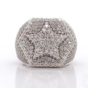 แหวนผู้ชายประดับเพชรโมอิสซาไนต์ทรงกลมแบบ Iced Out รูปดาว ชุบโรเดียม เงินแท้ 925 สไตล์ฮิปฮอป สำหรับเป็นของขวัญแต่งงาน - Product Image 1