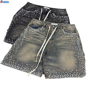 Pantalones Cortos Vaqueros Acampanados con Pedrería para Hombre, Personalizados, de Alta Calidad, Estilo Urbano, con Parches Bordados Desgastados - Product Image 6