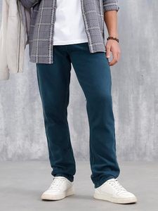 Jean pour homme bleu foncé uni 100 % coton coupe droite taille haute écologique vintage décontracté jambe droite printemps automne - Product Image 4