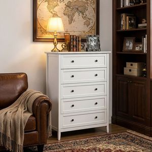 Commode encadrée blanche gaufrée SG014FD en panneaux de particules P2 et MDF mélaminé 80*40*115cm avec doubles poignées et cinq tiroirs - Product Image 6