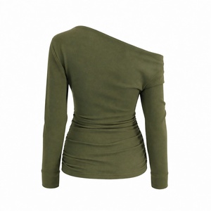 Haut en suède vert olive à épaules dénudées, froncé, à manches longues, coupe ajustée, col asymétrique, tendance, pour femme, style streetwear - Product Image 2