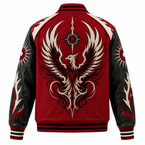Veste universitaire en laine et cuir avec broderie d'oiseau et fermeture à boutons-pression, conçue pour le streetwear. - Product Image 2