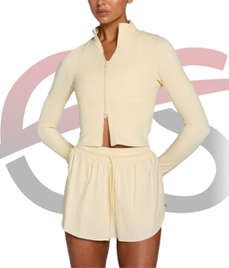 Veste de sport et yoga légère pour femme en nylon et élasthanne, zippée, respirante, coupe ajustée, design court, personnalisable avec logo, unie et vierge - Product Image 4