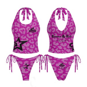 Ensemble de bikini halter pour femme, 200 GSM, polyester et élasthanne, extensible doux, imprimé léopard gris, logo thermocollé, pour maillot de bain - Product Image 4